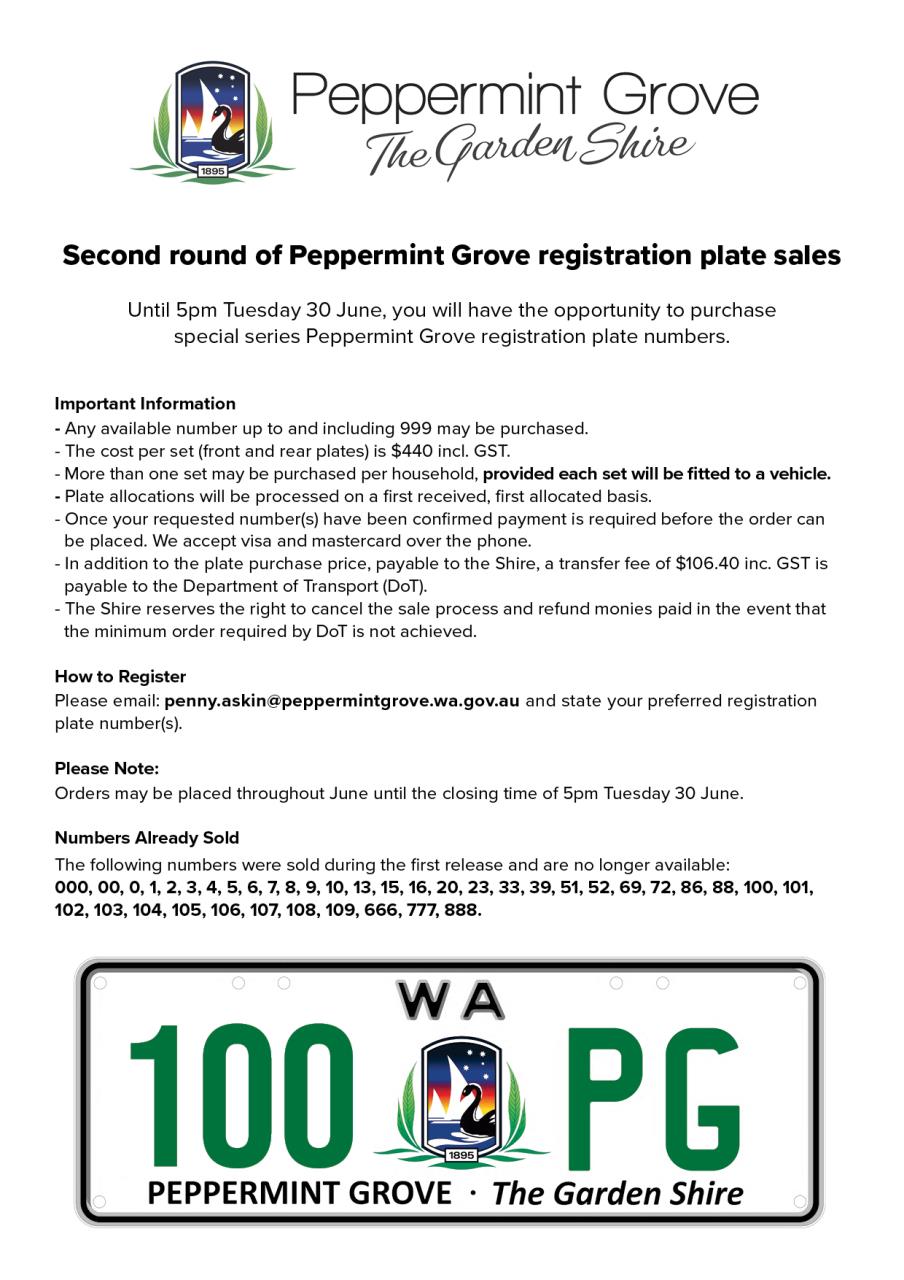Latest News - Second Round of Shire of Peppermint Grove number plate release