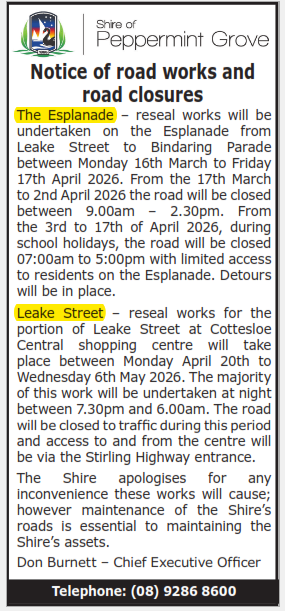 Notice of road works and road closures
